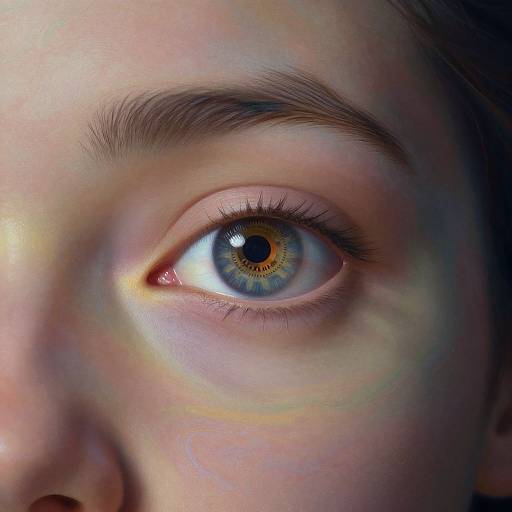 Close-up photograph of a light-skinned person's striking blue eye with detailed iris, prominent eyelashes, and slightly arched eyebrow against a dark background