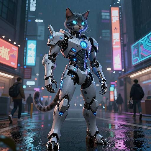 Cybernetic Feline Warrior in Neon City