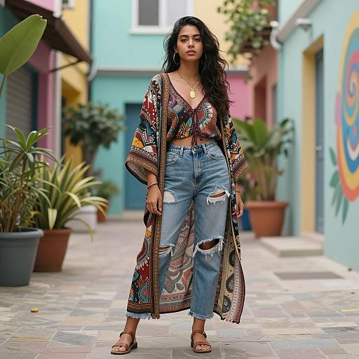 Young woman in bohemian outfit in colorful alley