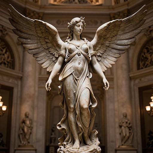 Photograph of a detailed bronze winged angel statue with flowing drapery, standing in a grand, ornately carved, dimly lit hall.