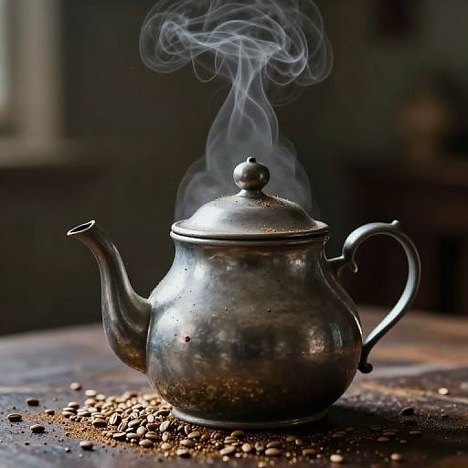 Photograph of a silver, steam-puffing teapot with a curved spout and handle, surrounded by scattered coffee beans on a dark wooden surface