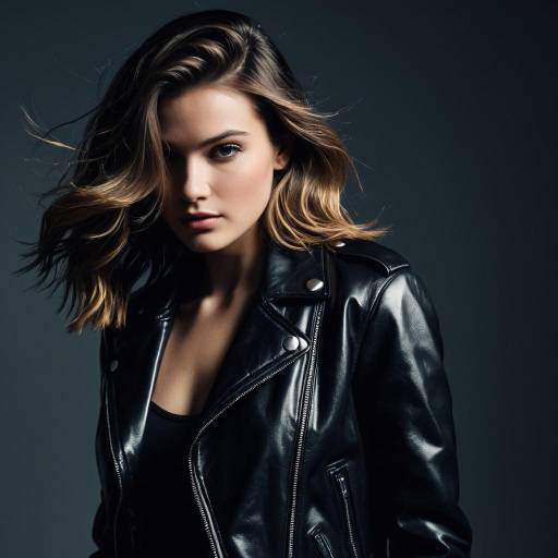 Fashion Model with Layered Waves Hairstyle in Leather Jacket