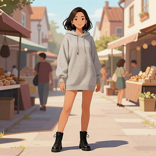 Digital anime-style drawing of a young woman with black hair, wearing a grey hoodie, black boots, standing in a sunny, bustling market street with blurred