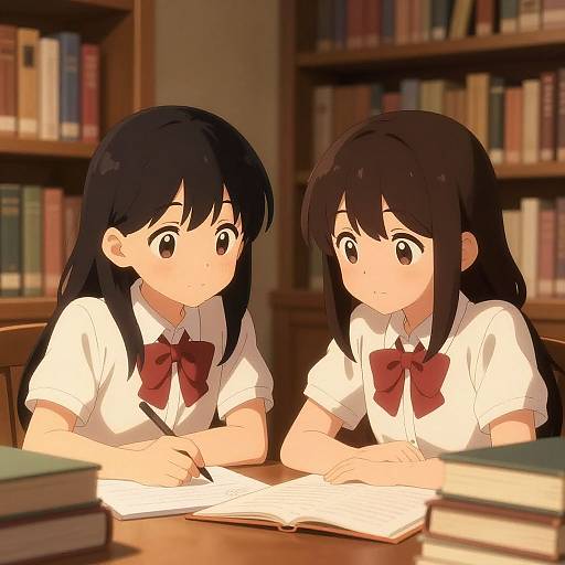 Anime-style digital drawing of two black-haired girls with large eyes, wearing white shirts and red bows, sitting at a library table, writing in notebooks,