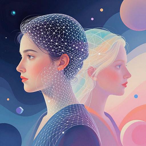 Digital artwork of two women in profile, one with dark hair and the other blonde, both with glowing, wireframe hair, set against a colorful,