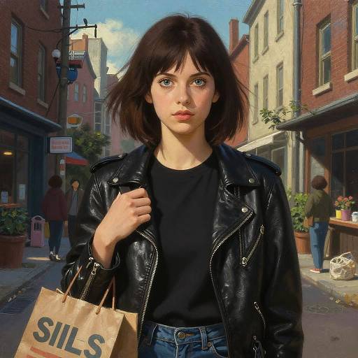 Digital illustration of a young woman with pale skin, dark brown bob haircut, wearing a black leather jacket and jeans, holding a brown paper bag with 