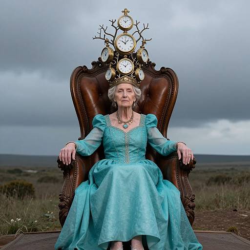 Photograph of an elderly woman in a turquoise dress and ornate clock crown, sitting on a dark wooden chair under a cloudy sky, with a grass