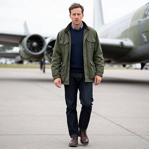 Photograph of a serious, middle-aged white man with short brown hair, wearing a green jacket, blue sweater, and dark jeans, walking on an