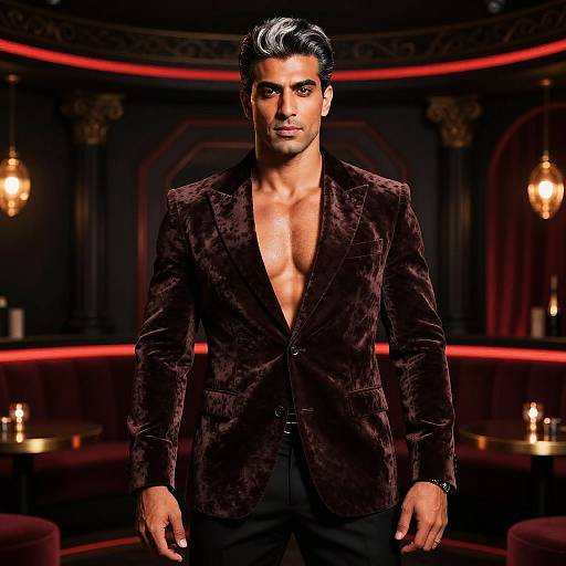 Photograph of a handsome, shirtless South Asian man with black hair, wearing a dark velvet blazer, standing in a dimly lit, elegant