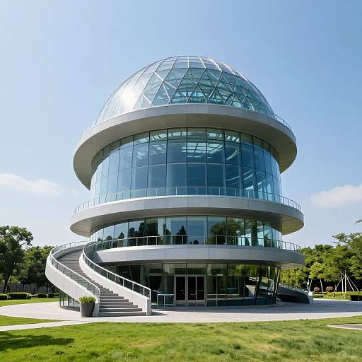 Photograph of a modern, cylindrical glass building with a dome roof, spiral staircase, and reflective windows, set against a clear blue sky and green lawn