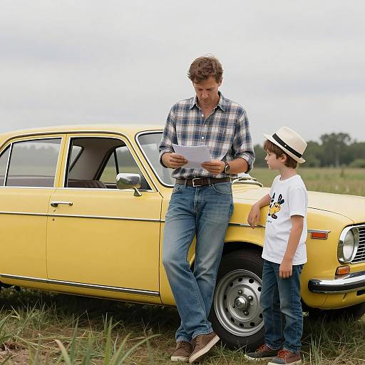 Man and Boy by Yellow Vintage Car