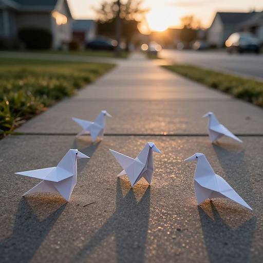 Photograph of five white paper cranes lined up on a sunlit suburban sidewalk at sunset, casting long shadows.