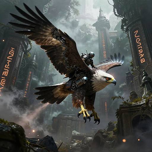 Cybernetic Falconer Riding Biomechanical Hawk in Alien Jungle Ruins