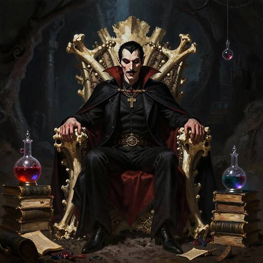 Digital artwork of a dark, sinister vampire king with pale skin, black cloak, and cross necklace, seated on a golden throne surrounded by books, potions