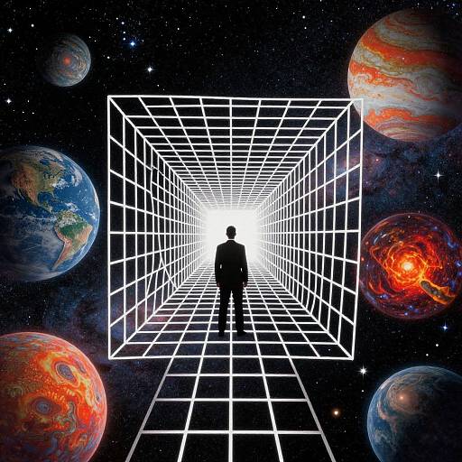 Silhouetted figure stands in a white, infinite grid tunnel against a starry space backdrop with colorful planets, creating a surreal, futuristic scene.