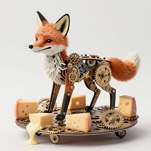 Digital illustration of a fox with gears and cogs, standing on a round plate with cheese slices, blending mechanical and animal elements.