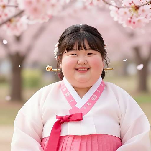 Photograph of a smiling, chubby Asian woman with black hair in a traditional Korean hanbok, pink and white, with hairpins, against a