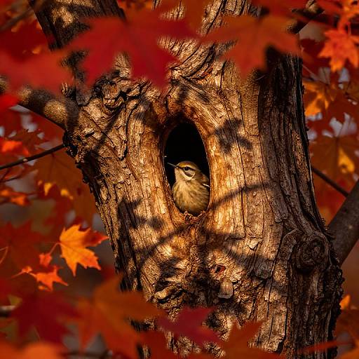 Photograph of a small owl peeking from an oval nest hole in a textured, brown tree trunk, surrounded by vibrant red-orange autumn leaves.