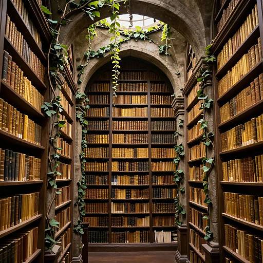 Photograph of a dimly lit, arched library with wooden bookshelves filled with golden-bound books, vines climbing the shelves, and natural light