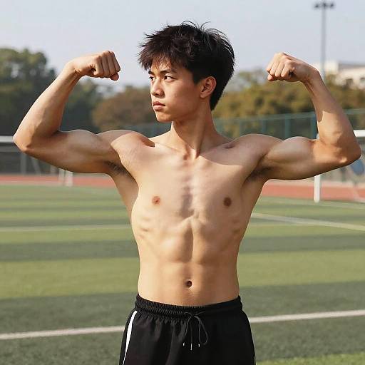 Photograph of a fit, young Asian man with short black hair, flexing his biceps outdoors on a green sports field, wearing black athletic shorts