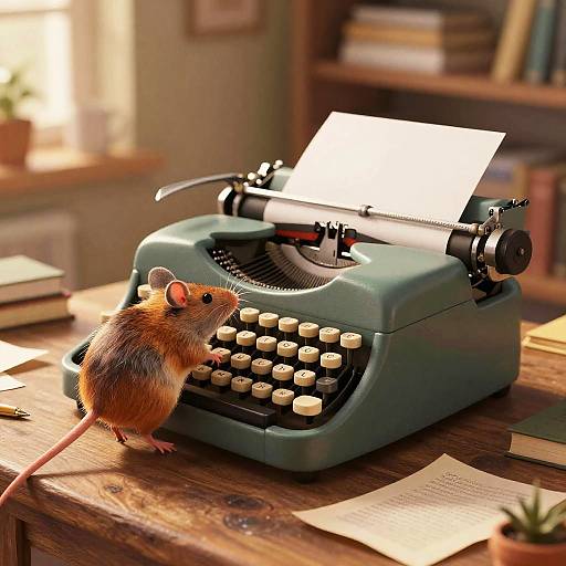 Whimsical Rat Typing in Rustic Study