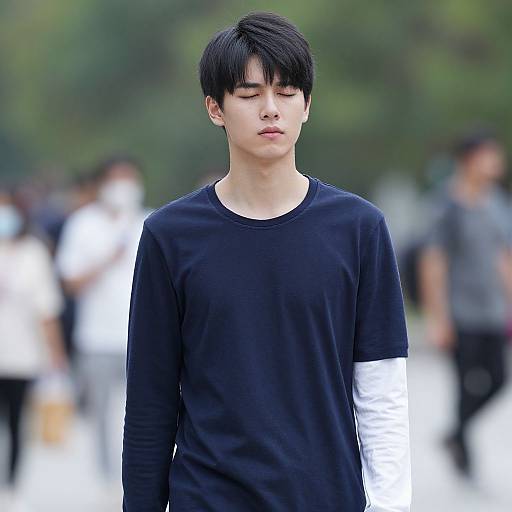 Photograph of a young Asian man with black hair, closed eyes, wearing a black long-sleeve shirt with white sleeves, standing outdoors with blurred