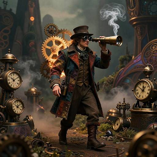 Steampunk man in top hat and goggles, smoking pipe, walks through clock-filled, gear-infested, foggy fantasy landscape with mountains in background