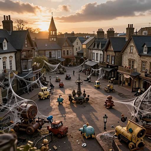Photograph of a quaint, sunlit village square at sunset with Halloween decorations, including spider webs, vintage toys, and people in costumes.
