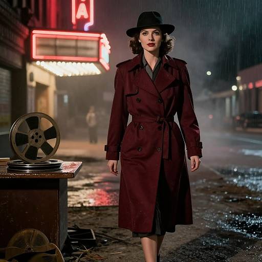 Photograph of a stylish, red-haired woman in a dark red trench coat and black hat, walking confidently on a rainy, neon-lit urban street