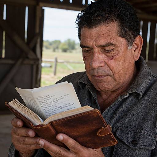 Pensive Hispanic Man with Leather Journal