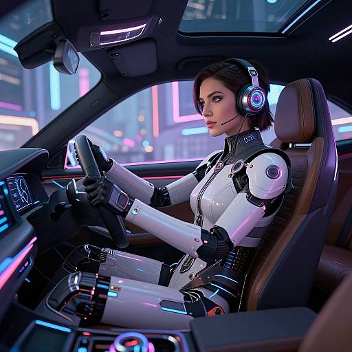 Cyberpunk Woman Driving Futuristic Car