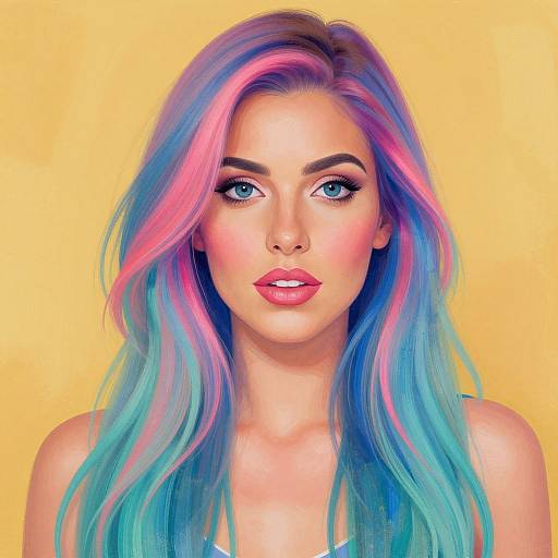 Digital portrait of a young woman with long, vibrant pink and blue hair, blue eyes, and pink lips, set against a yellow background.