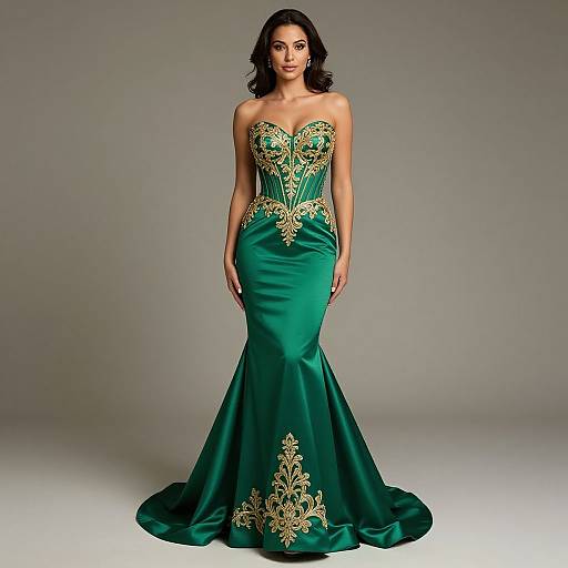 Photograph of a dark-haired woman in a strapless, emerald green, form-fitting gown with gold floral embroidery, standing against a gray background