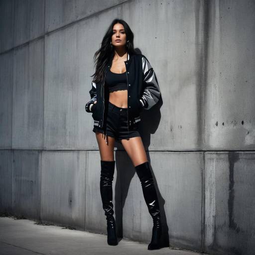 Fashionable woman in black outfit posing against concrete wall