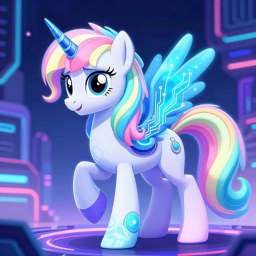 Digital artwork of a glowing, white unicorn with rainbow mane and tail, blue neon wings, and a blue horn, standing in a futuristic, neon-l