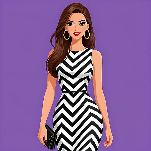 Digital illustration of a confident woman with long brown hair, red lipstick, large gold hoop earrings, wearing a black and white zigzag dress, holding a