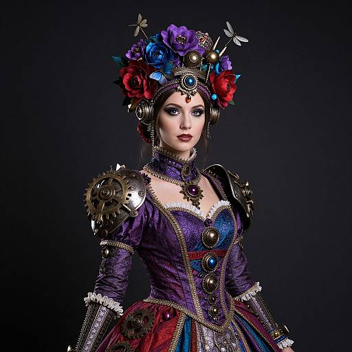 Digital artwork of a Gothic Victorian woman with vibrant purple and red floral headpiece, steampunk armor, and intricate blue and red dress. Dark background