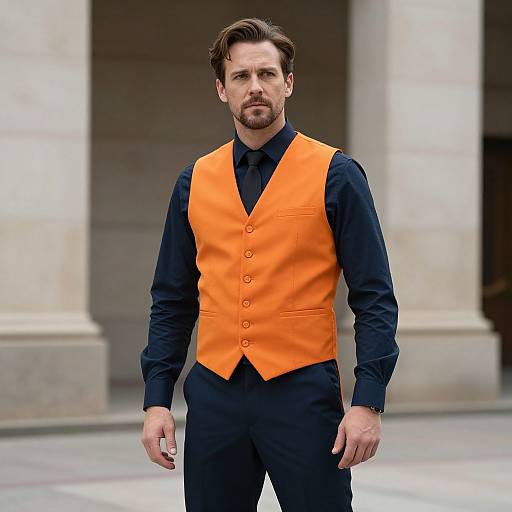 Photograph of a handsome, bearded Caucasian man with brown hair, wearing a bright orange vest over a black shirt and pants, standing in front of