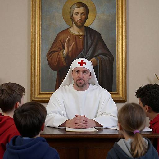 Photograph of a male priest in white robe and hat, with red cross, speaking to a congregation, while a Jesus painting hangs behind him.