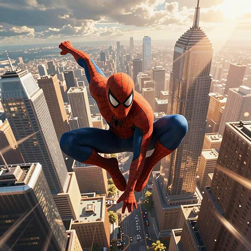 Digital artwork of Spider-Man in red and blue suit, mid-leap over a sunlit, detailed cityscape with skyscrapers and streets below.