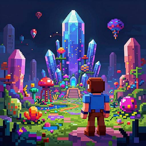 Pixel art of a child in a blue shirt, standing in a vibrant, crystal-filled, mushroom-filled fantasy landscape at night.