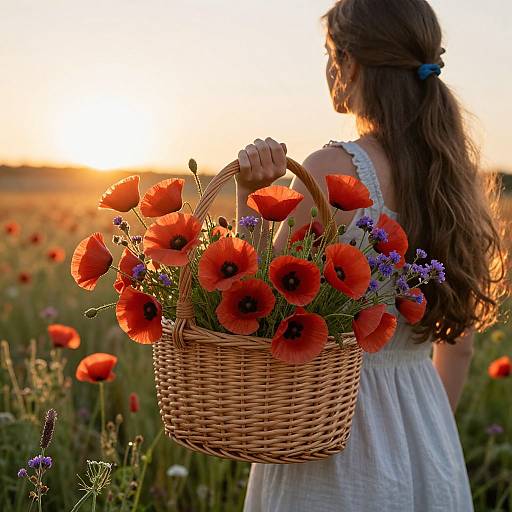 Photograph of a woman with long brown hair in a white dress, holding a wicker basket of vibrant red poppies and purple flowers, standing in