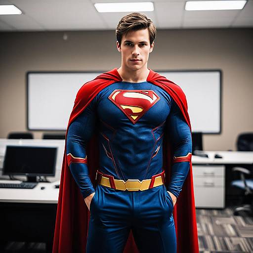 Man in Superman Costume in Office