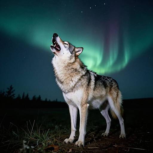 Photograph of a howling wolf with gray, black, and white fur under a vivid green aurora borealis in a dark, starry night