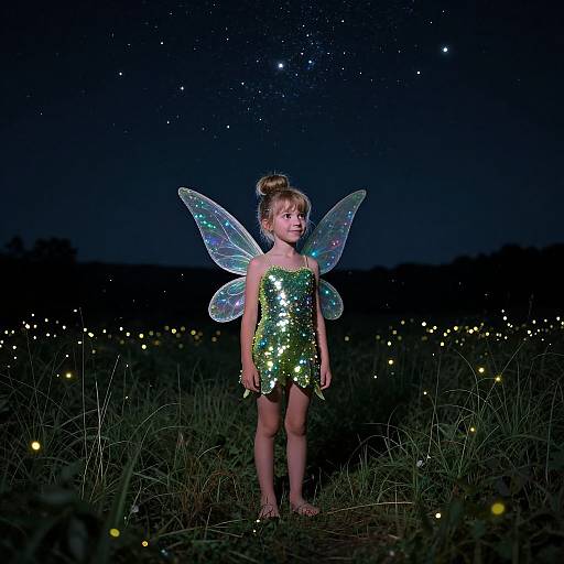 Photograph of a young girl with blonde hair in a bun, wearing a green sequined fairy dress and translucent wings, standing in a grassy field