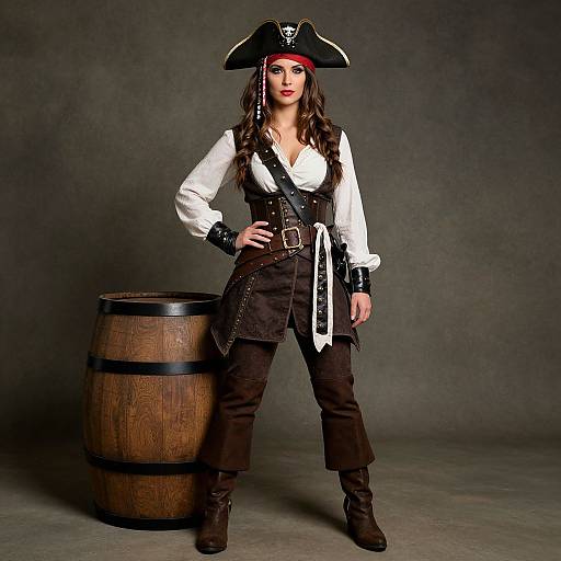Photograph of a confident woman in a pirate costume, black tricorn hat, white shirt, brown vest, pants, and boots, standing with a