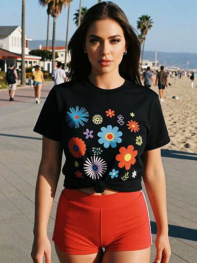 Photograph of a young woman with long black hair, wearing a black floral crop top and red high-waisted shorts, standing on a sunny beach