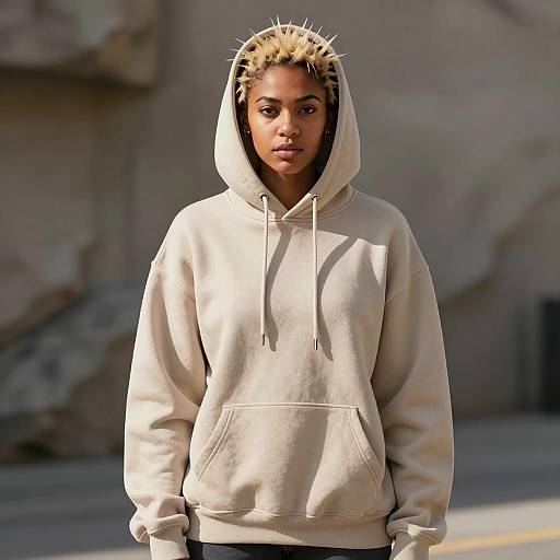 Dark-skinned Woman in Beige Hoodie with Spiky Blonde Hair