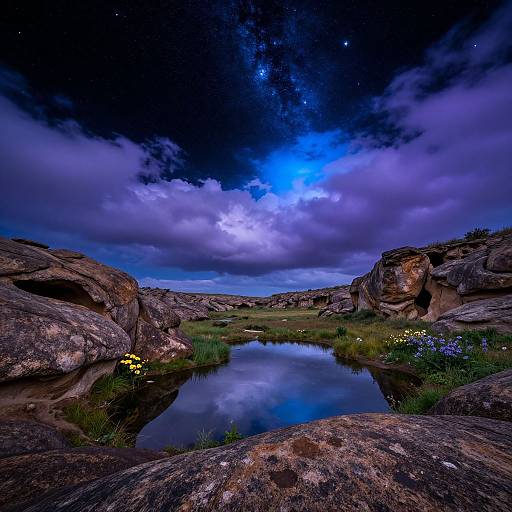 Photograph of a serene night landscape featuring a reflective pond, surrounded by rocky terrain, under a starry, cloud-filled sky with vibrant blue and purple
