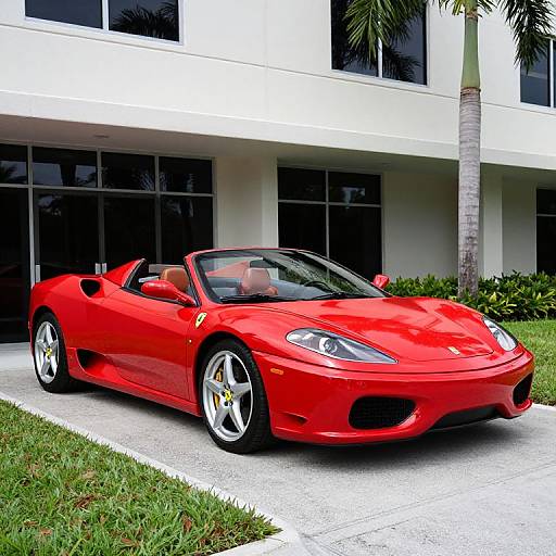 Photograph of a vibrant red Ferrari 458 Spider convertible parked in front of a modern, white building with large windows and palm trees.